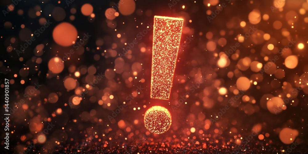 Poster glowing exclamation mark symbol with sparkling bokeh background for attention and alerts