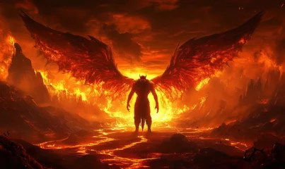 Fototapeten Demonic figure with fiery wings standing in a volcanic landscape © k_viktar