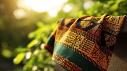 Traditional Kuba cloth on golden marigolds, celebrating Congo's cultural heritage.
