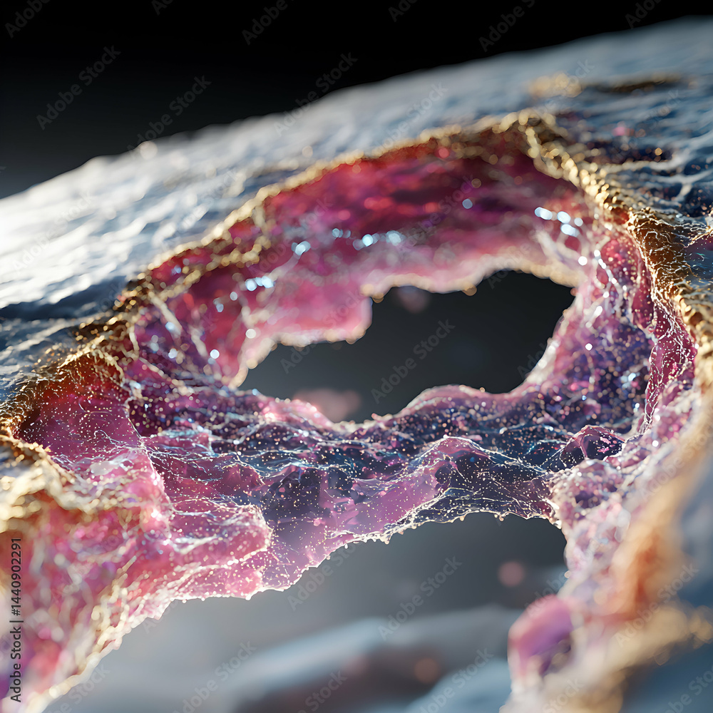 Poster a macro view of a geological formation resembling a crystal cave. it has a hole with internal crysta
