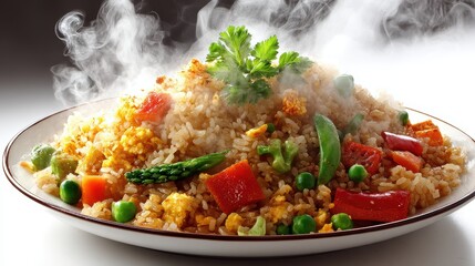 a steaming plate of crispy fried rice with vegetables on a white isolated background, savory and flavorful design