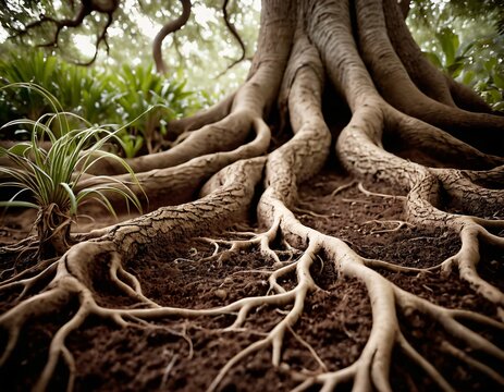 Expansive Tree Roots Spreading Across Rich Forest Soil in a Lush Landscape