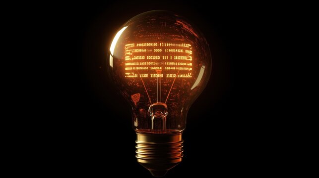 Illuminated light bulb with binary code design showcasing technology and innovation - Powered by Adobe