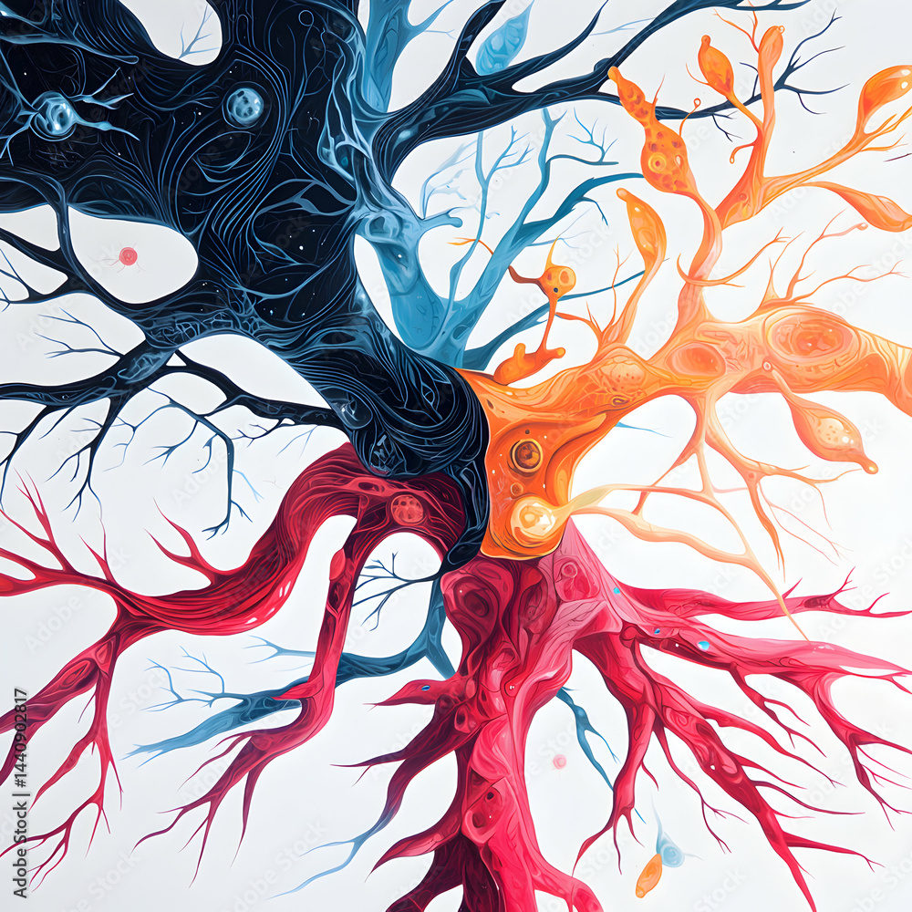 Poster abstract artwork featuring colorful branching structures. ideal for scientific illustrations medical