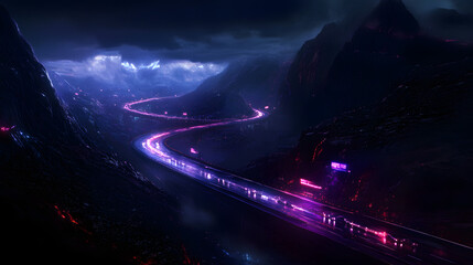 A futuristic neon highway running through a mountainous landscape with glowing signs and vibrant lights at night.