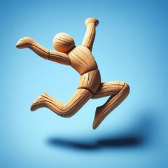 Sculpture en bois, statuette d'une personne heureuse qui saute de joie