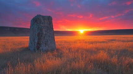 Sunset over the plains, solitary stone monument