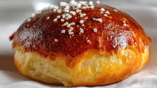 a close-up of a soft, warm brioche bun with a golden brown crust on a white isolated background, buttery and delicious design