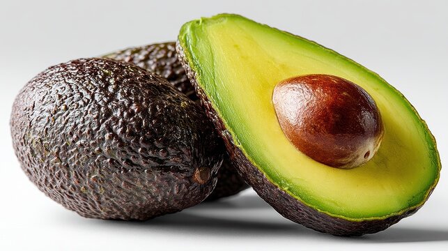 a fresh, creamy avocado half with a large seed on a white isolated background, smooth and nutritious design