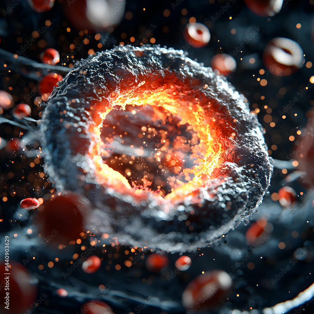 Poster an artistic rendering of a biological structure radiating intense energy. suggests cellular activity