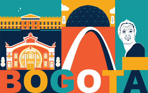 Typography word Bogota branding technology concept. Collection of flat vector web icons. Columbia culture travel set, architectures, specialties detailed silhouette. Doodle famous landmarks.