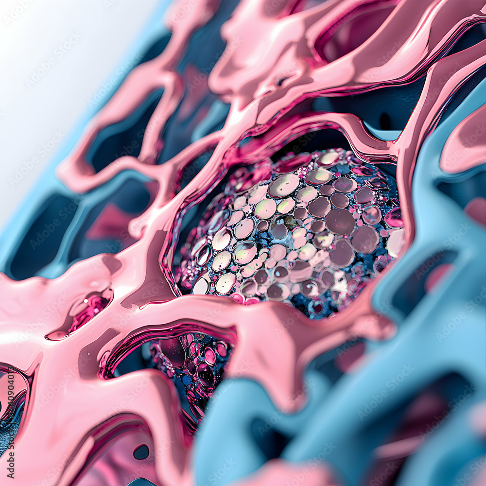 Aufkleber abstract art piece featuring pink glossy forms and spherical elements suggesting molecular structure