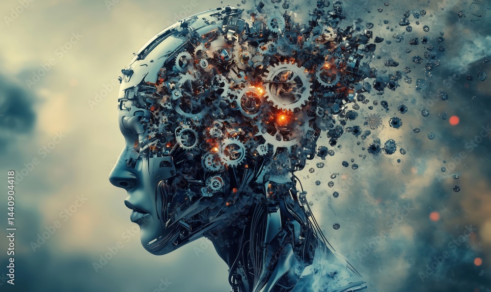 Poster futuristic robotic head with gears and particles representing artificial intelligence and technology