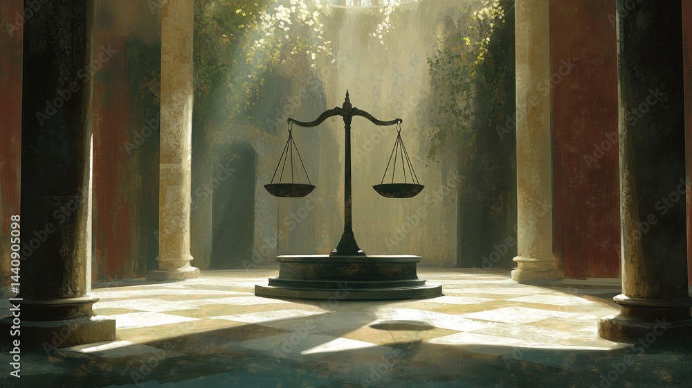 Poster symbolic representation of justice with scales in a serene, illuminated setting