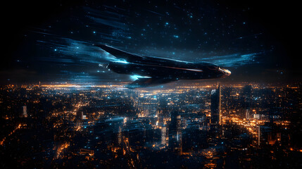 Fototapeta premium A futuristic spaceship flying over a glowing metropolis with digital structures at night.