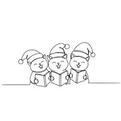 Three kittens in Santa hats singing Christmas carols line drawing  