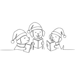 Three puppies in Santa hats singing carols line drawing on transparent background  