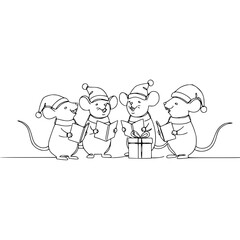 Singing Santa Hat Mice Carols in a Line Drawing on Transparent Background  