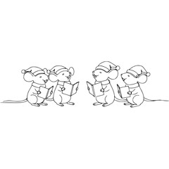 Vector line drawing of mice in Santa hats singing carols, Christmas choir illustration