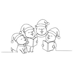 Vector line drawing of wolf pups in Santa hats singing carols, festive and joyful illustration