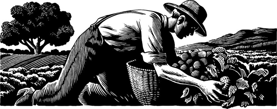 Rural harvest: 1950s woodcut style black and white illustration of farmer picking vegetables for agricultural art