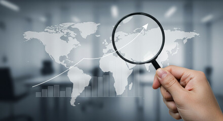 Hand holding magnifying glass over world map with growth arrow.