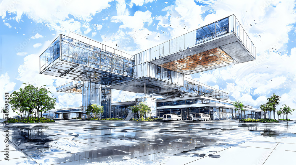 Poster modern architectural rendering showcasing a sleek building design with glass elements and a reflecti