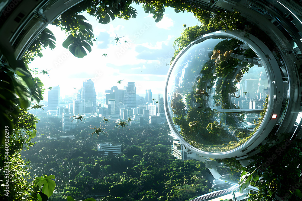 Poster a futuristic city scene with lush greenery and a sci-fi structure. ideal for concept art or a game e