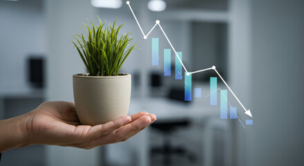 Hand holding potted plant with declining graph overlay.