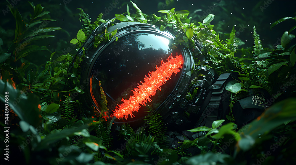 Poster a surreal image of a futuristic helmet overgrown with vegetation. suggesting a fusion of technology 