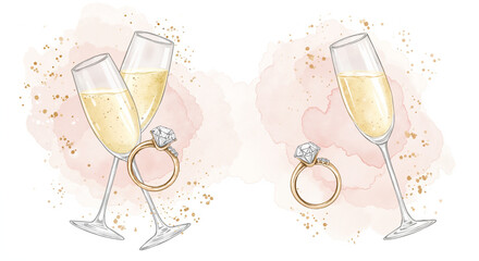 Delicate watercolor painting of engagement ring and champagne flute in elegant style with soft brush strokes