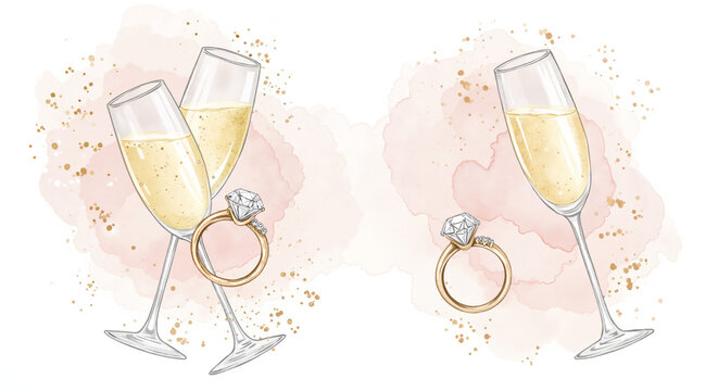 Delicate watercolor painting of engagement ring and champagne flute in elegant style with soft brush strokes