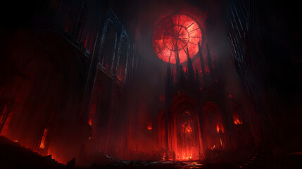 A ghostly cathedral under a blood-red moon, its stained glass windows forming cryptic symbols.