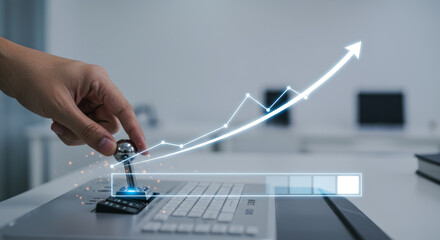 Hand pushing lever on keyboard with rising graph overlay.