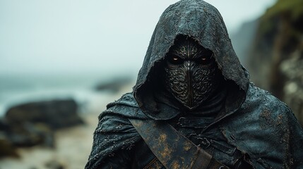 Mysterious Hooded Figure on a Coastal Landscape