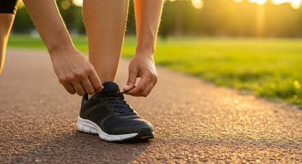 Person tying running shoes on a path during sunrise.