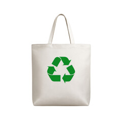 White tote bag with recycle symbol isolated on transparent background