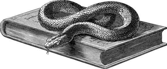 Engraved illustration of serpent curled around a book for artistic design