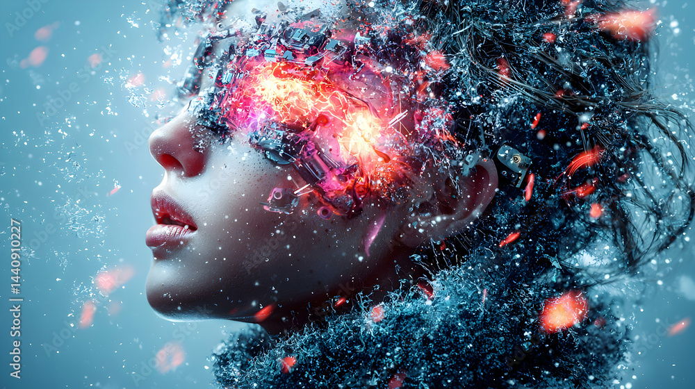 Aufkleber this image depicts a woman's face with exploding elements and vibrant colors representing intense th