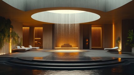 Luxurious Indoor Oasis with Waterfall and Ambient Lighting Modern Relaxation Space for Wellnes
