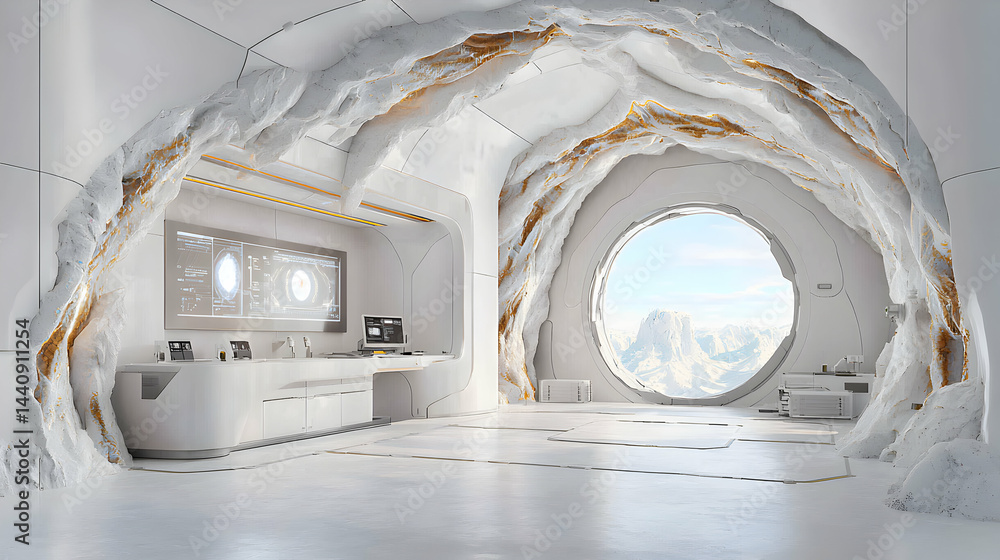 Poster futuristic laboratory design blending natural and technological elements. ideal for sci-fi or archit