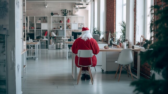 Santa Claus in modern office for job interview during Christmas season  
