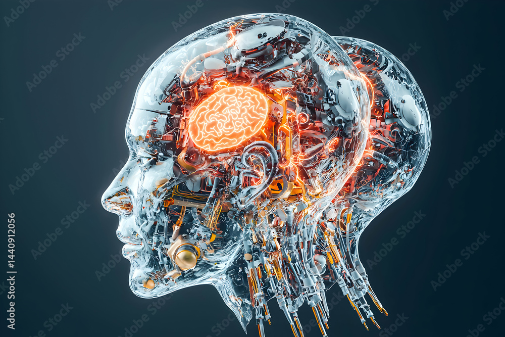 Poster image shows robotic heads with transparent skin revealing internal mechanics. symbolizes artificial 
