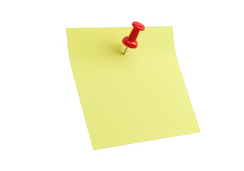 Yellow sticky note attached to a wall with a red push pin isolated on transparent background