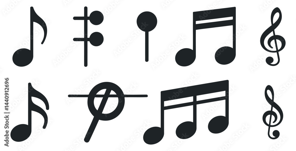 Poster musical notation collection diverse music symbols isolated set music theory elements vector graphic 