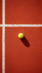 Overhead tennis ball on reddish-brown clay court with white lines.

