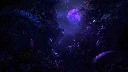 Naklejka premium A glowing neon jungle under a bright moon with neon plants and animals, creating a surreal, futuristic atmosphere.