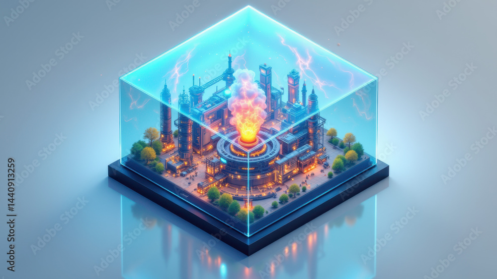 Poster futuristic city inside a glowing cube with atomic structure details.
