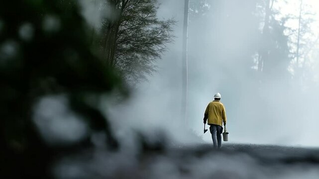 Firefighter Navigating Smoky Forest Carrying Axe