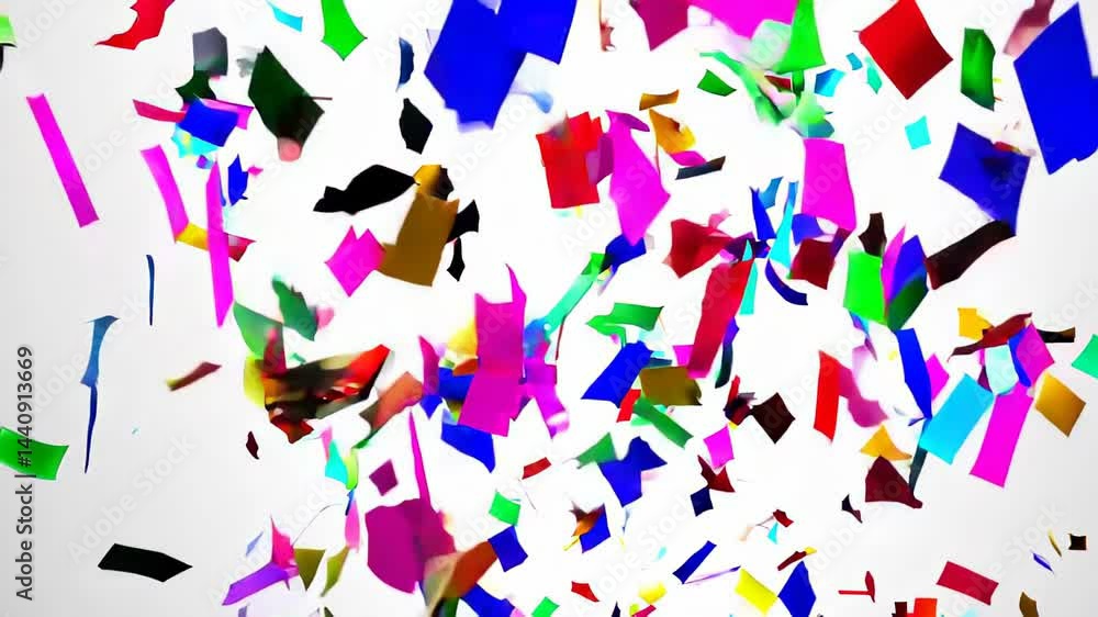 Poster explosion of colorful confetti falling through the sky, creating a joyful, energetic and playful moo